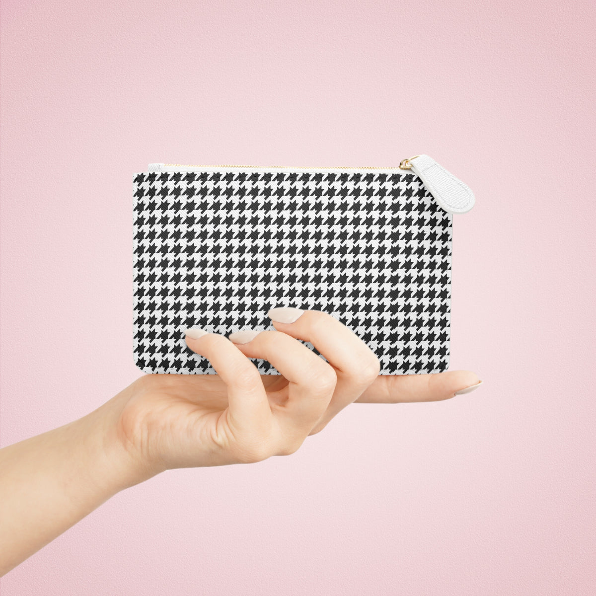 Houndstooth Mini Clutch Bag – Black & White Zip Cosmetic Pouch