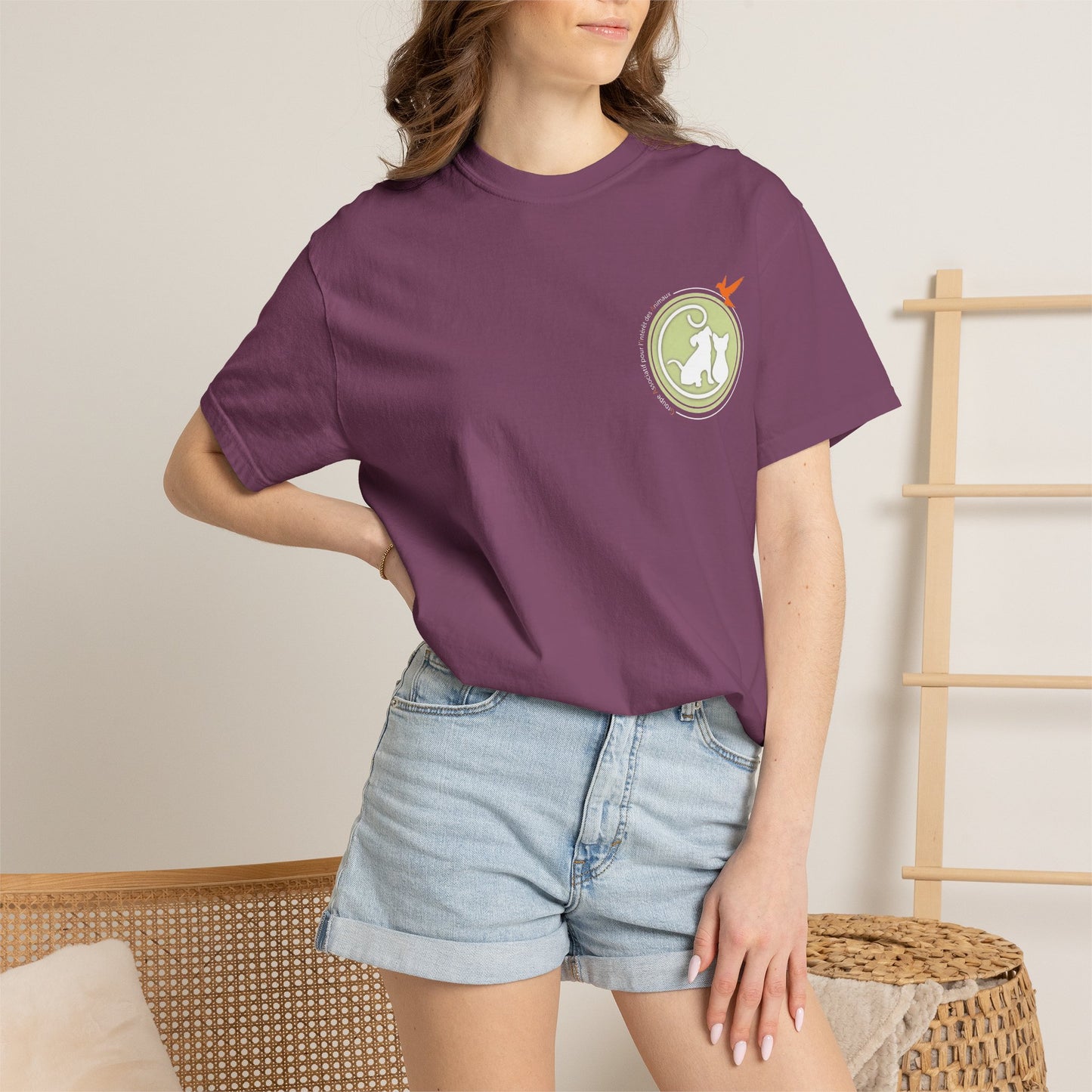 Gaia 64 Cat & Bird Logo Tee — Garment-Dyed Olive Vintage Nature T-Shirt