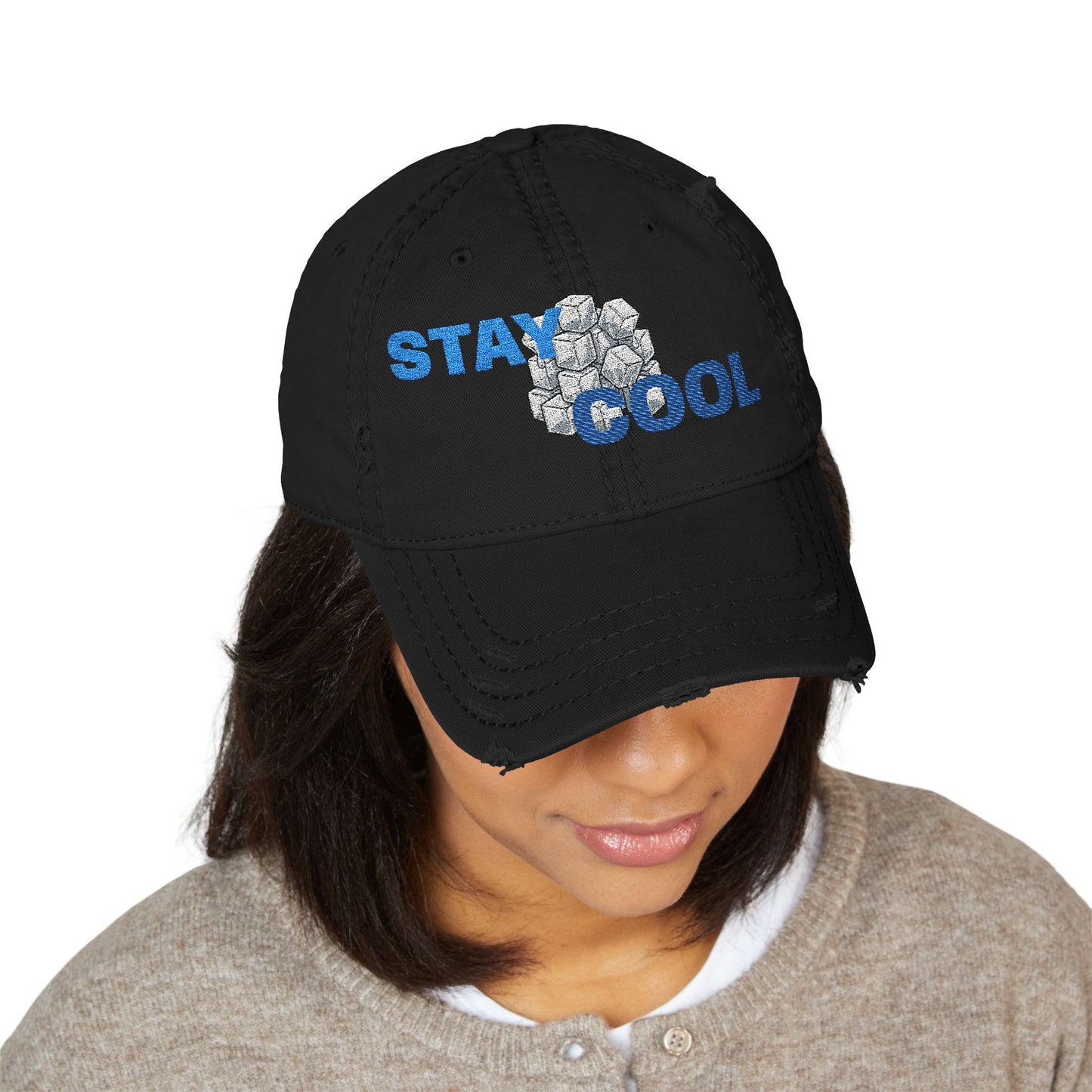 Stay Cool Distressed Dad Hat — Embroidered Floral Ice Design