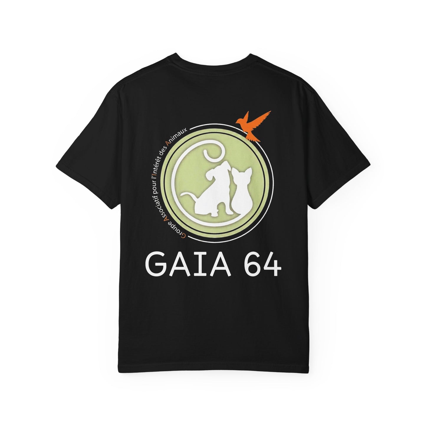 Gaia 64 Cat & Bird Logo Tee — Garment-Dyed Olive Vintage Nature T-Shirt