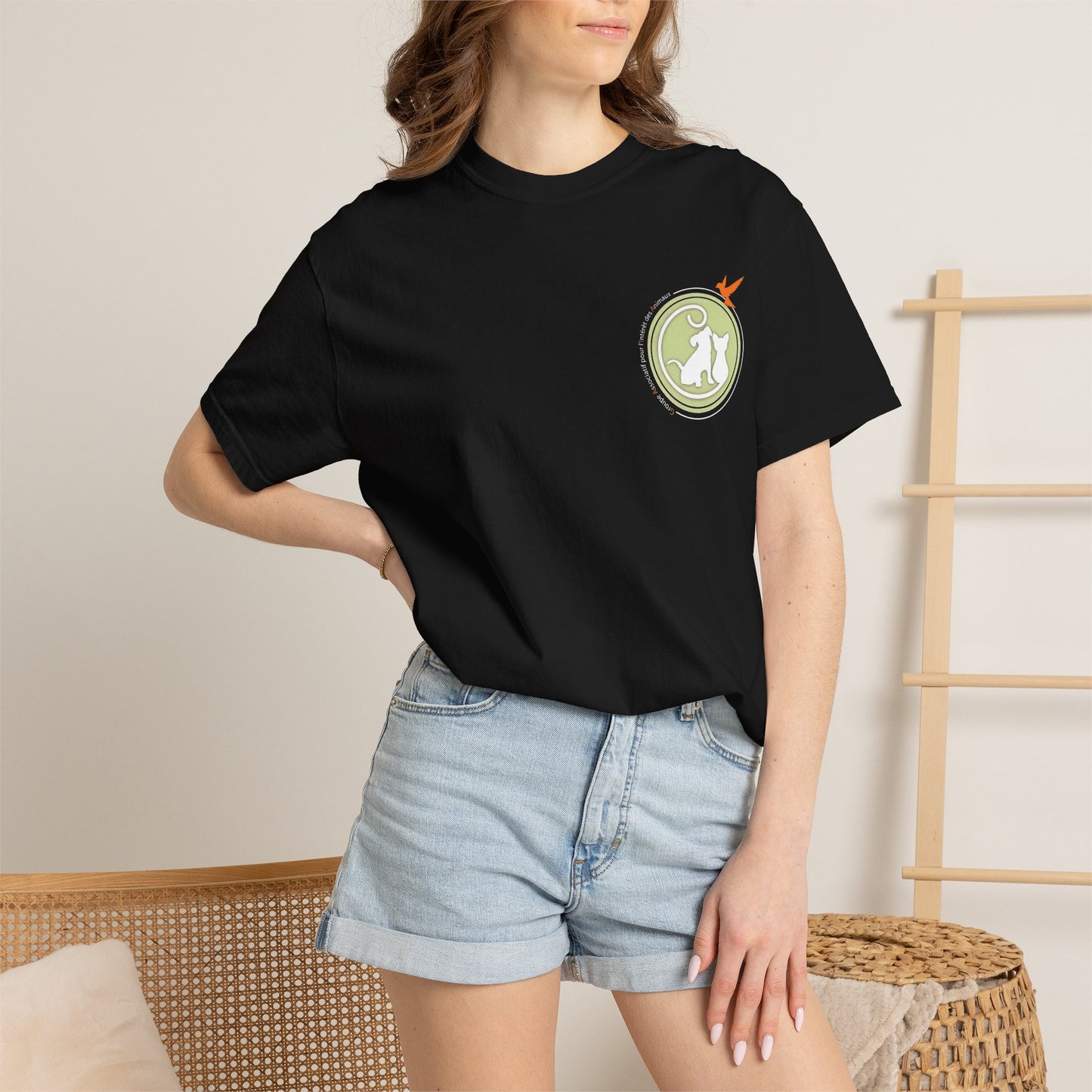 Gaia 64 Cat & Bird Logo Tee — Garment-Dyed Olive Vintage Nature T-Shirt