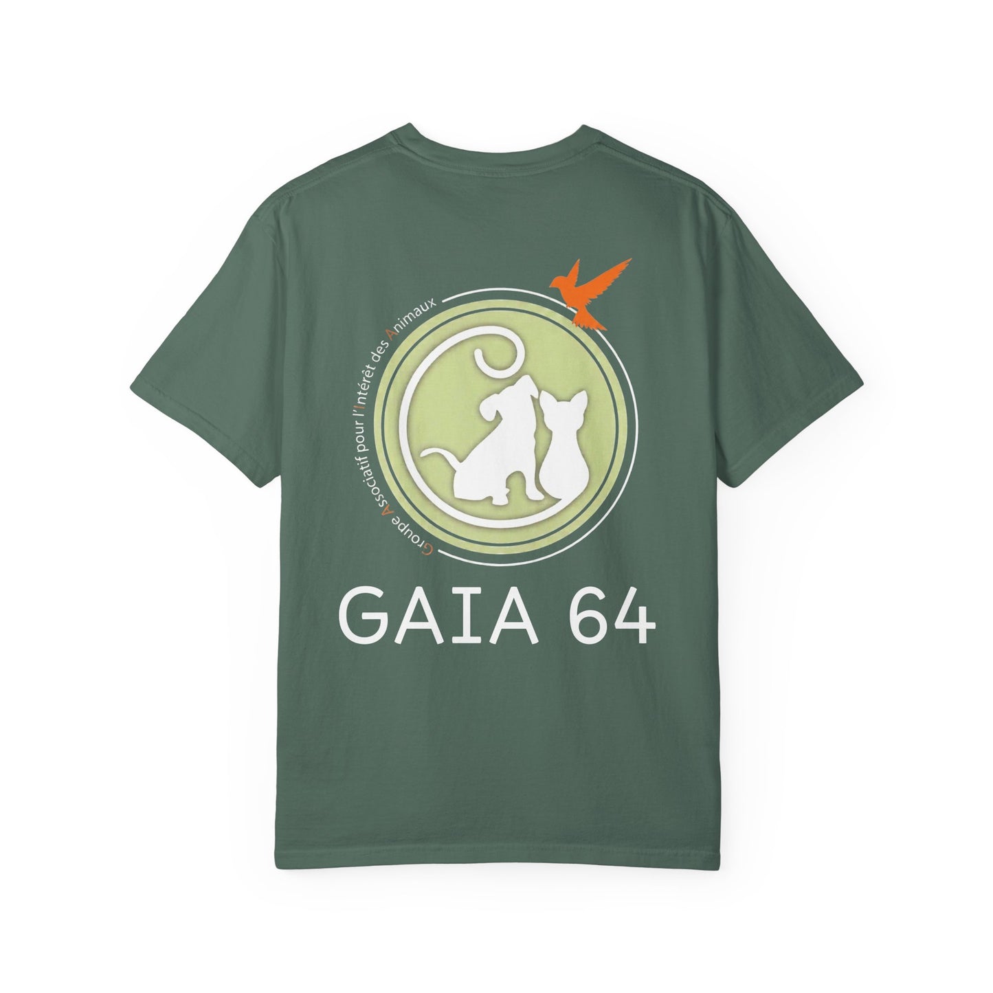Gaia 64 Cat & Bird Logo Tee — Garment-Dyed Olive Vintage Nature T-Shirt