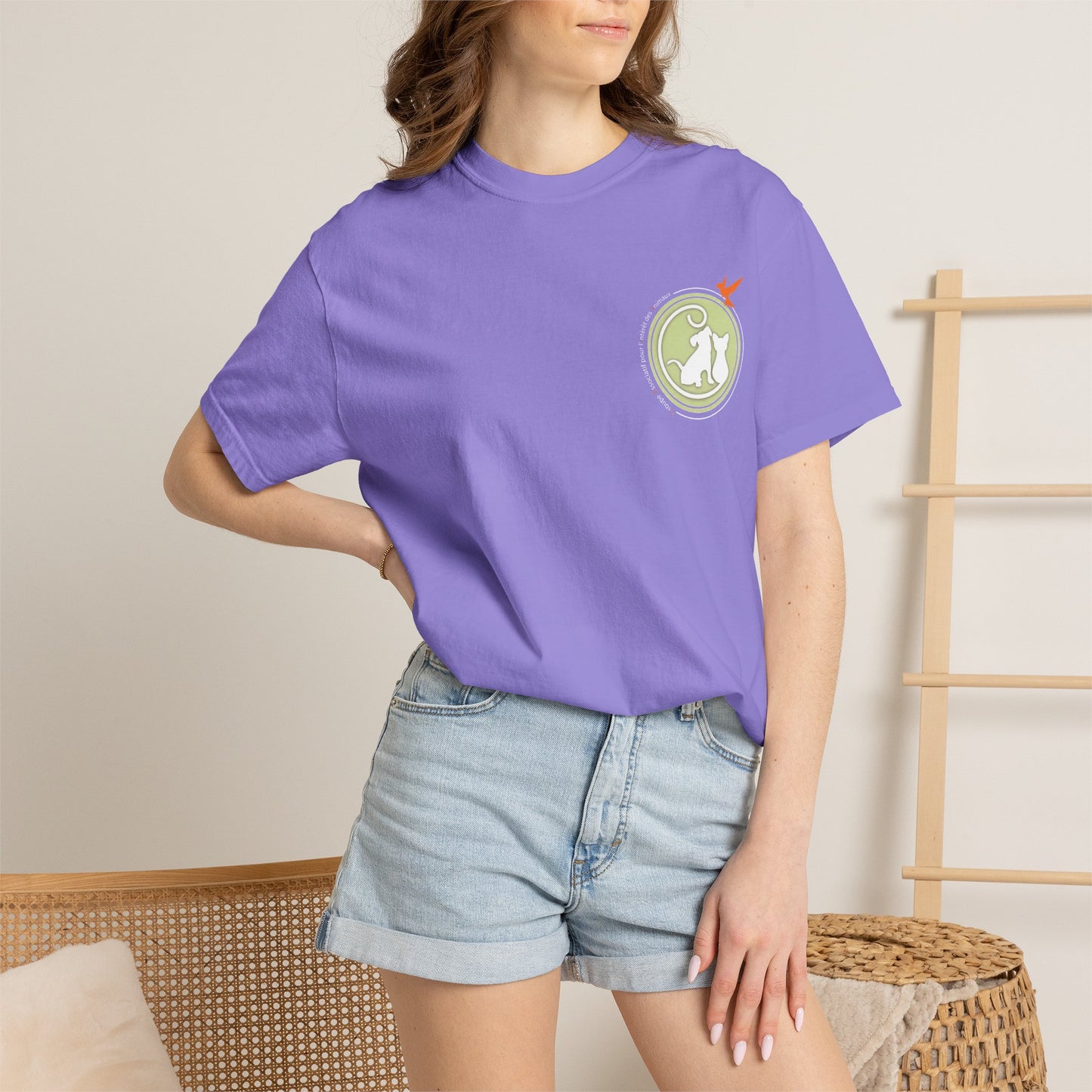 Gaia 64 Cat & Bird Logo Tee — Garment-Dyed Olive Vintage Nature T-Shirt