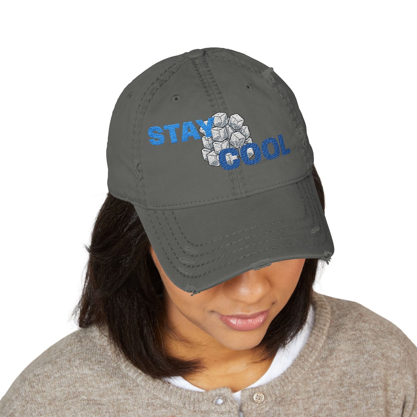 Stay Cool Distressed Dad Hat — Embroidered Floral Ice Design