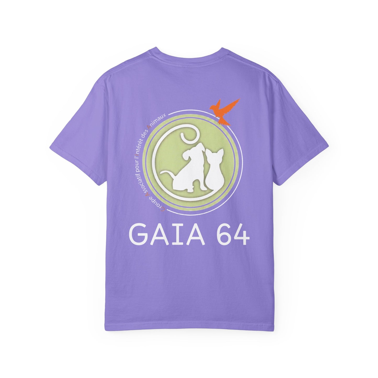 Gaia 64 Cat & Bird Logo Tee — Garment-Dyed Olive Vintage Nature T-Shirt