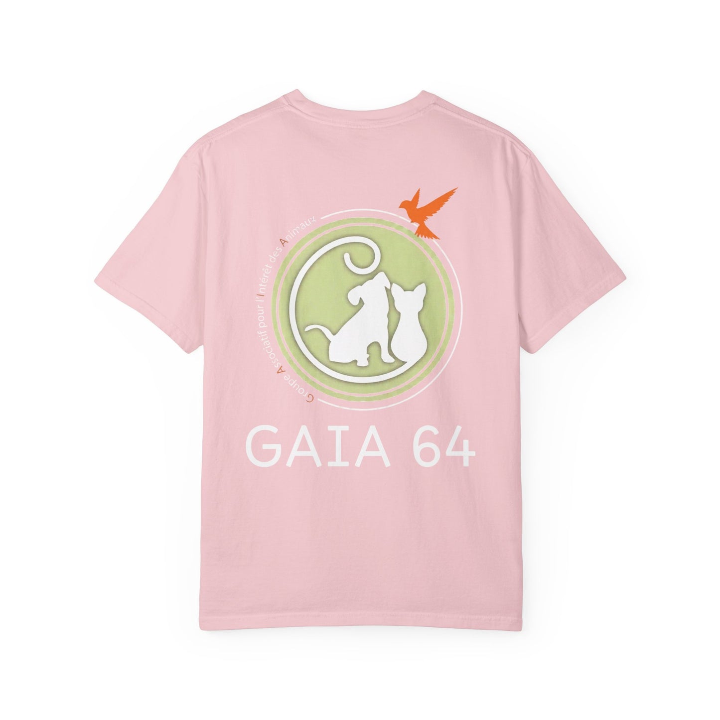 Gaia 64 Cat & Bird Logo Tee — Garment-Dyed Olive Vintage Nature T-Shirt