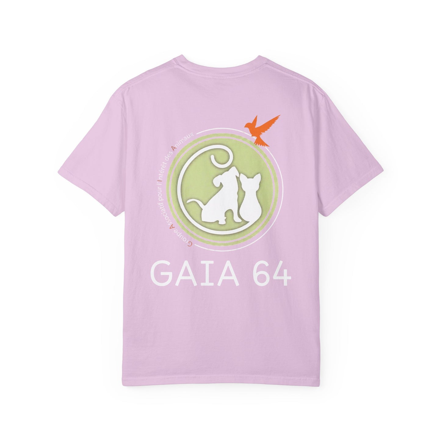 Gaia 64 Cat & Bird Logo Tee — Garment-Dyed Olive Vintage Nature T-Shirt