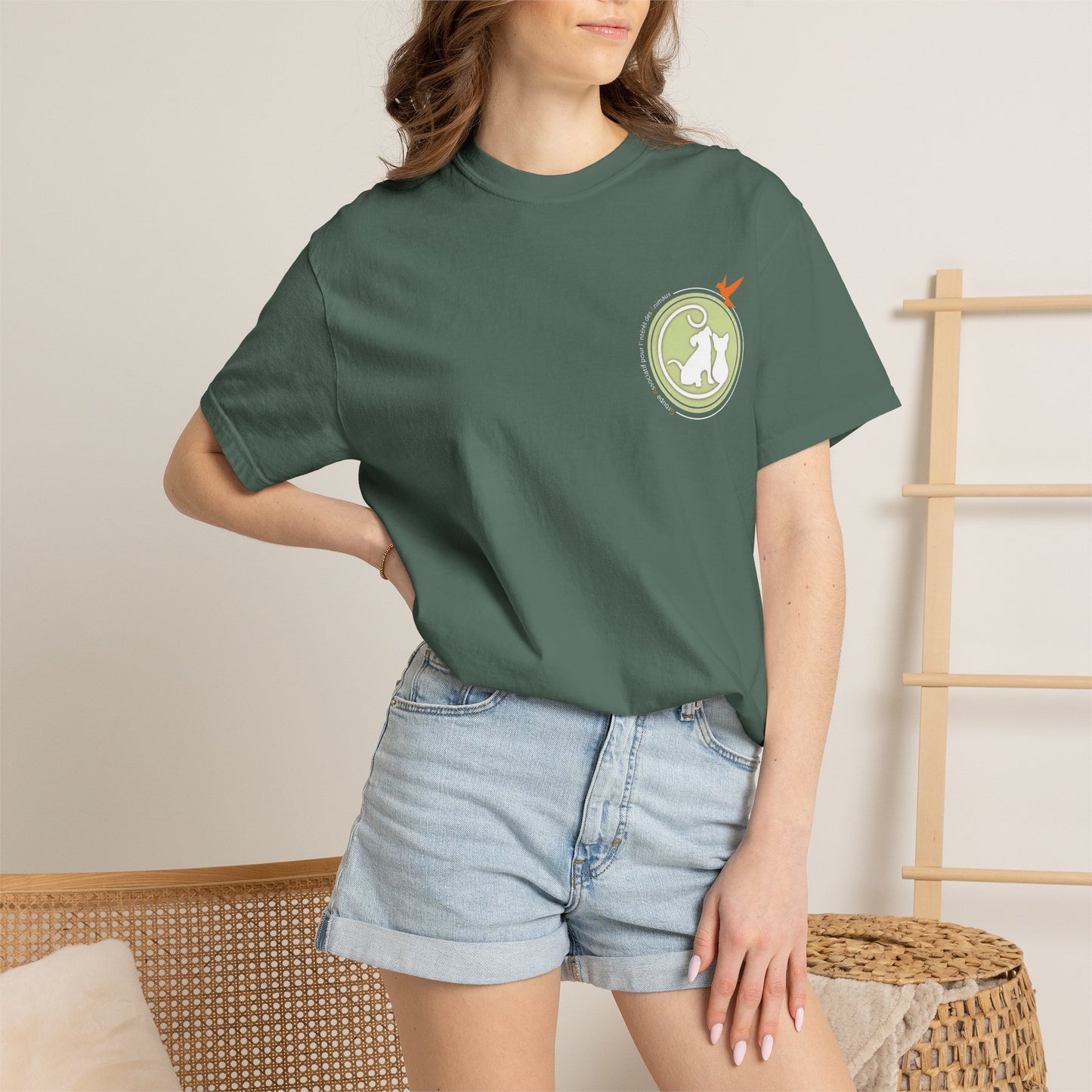 Gaia 64 Cat & Bird Logo Tee — Garment-Dyed Olive Vintage Nature T-Shirt