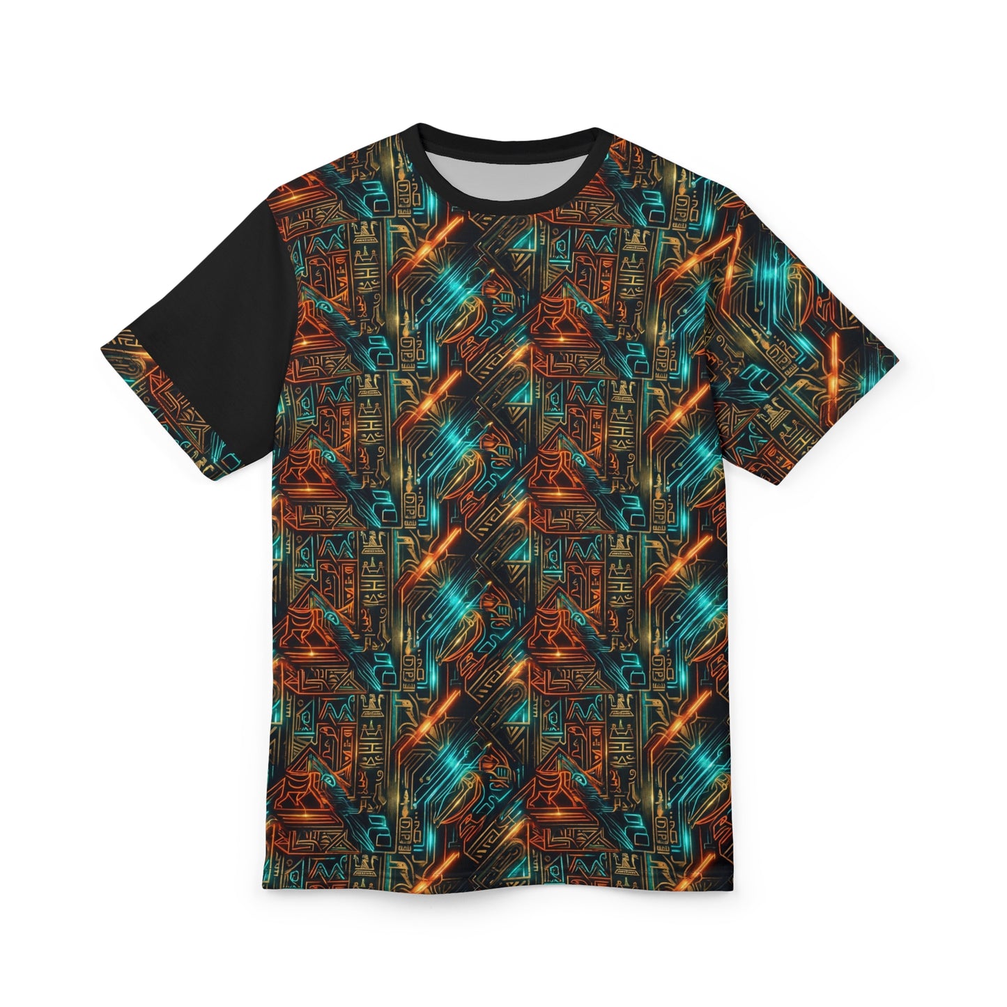 Futuristic Tribal graphic Print Tee — Geometric Neon Tribal Pattern