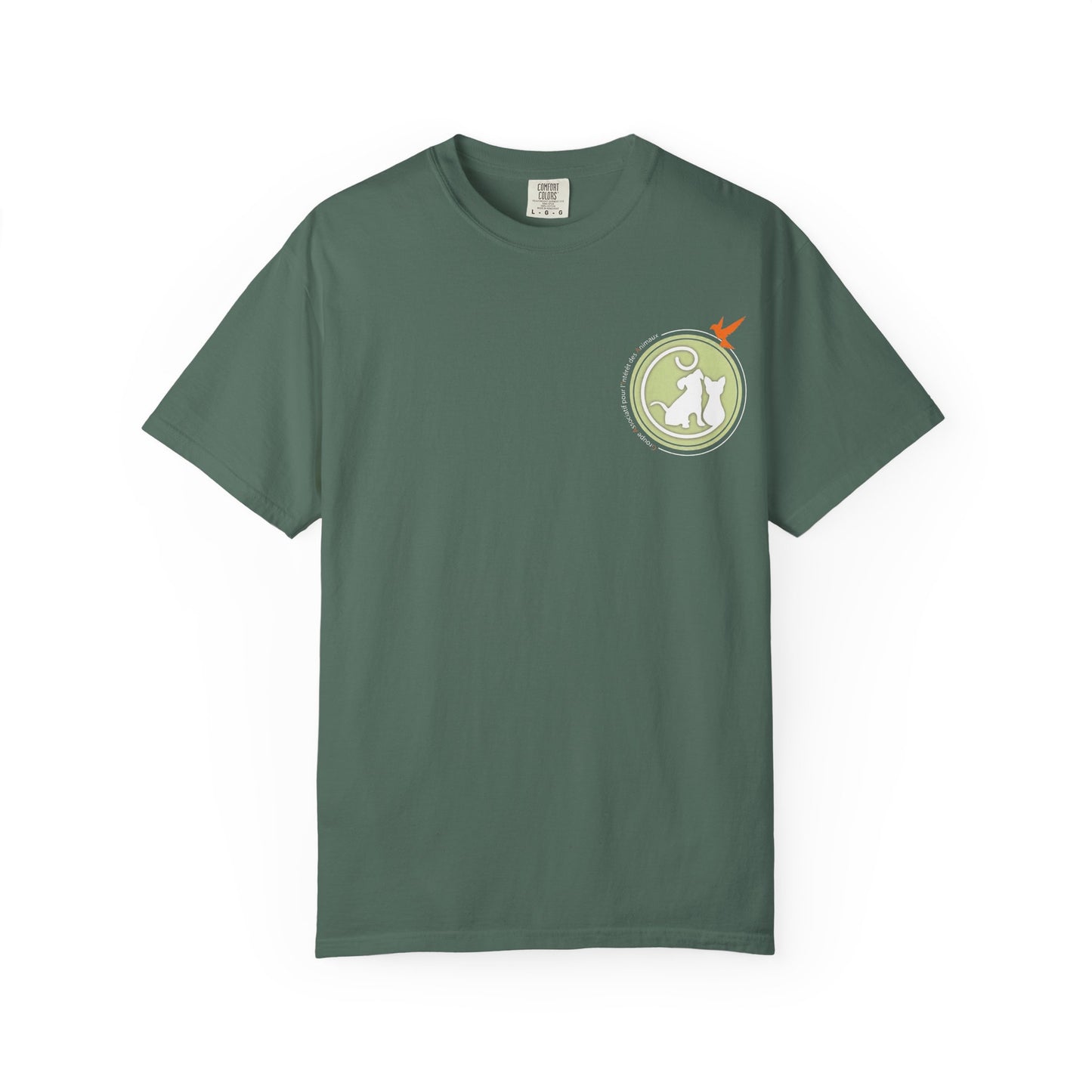 Gaia 64 Cat & Bird Logo Tee — Garment-Dyed Olive Vintage Nature T-Shirt