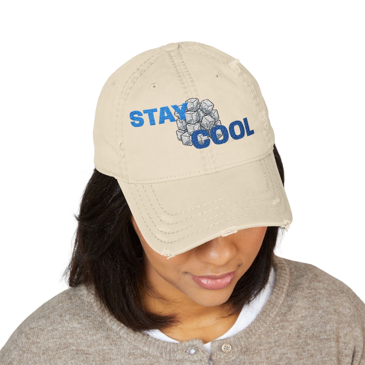 Stay Cool Distressed Dad Hat — Embroidered Floral Ice Design