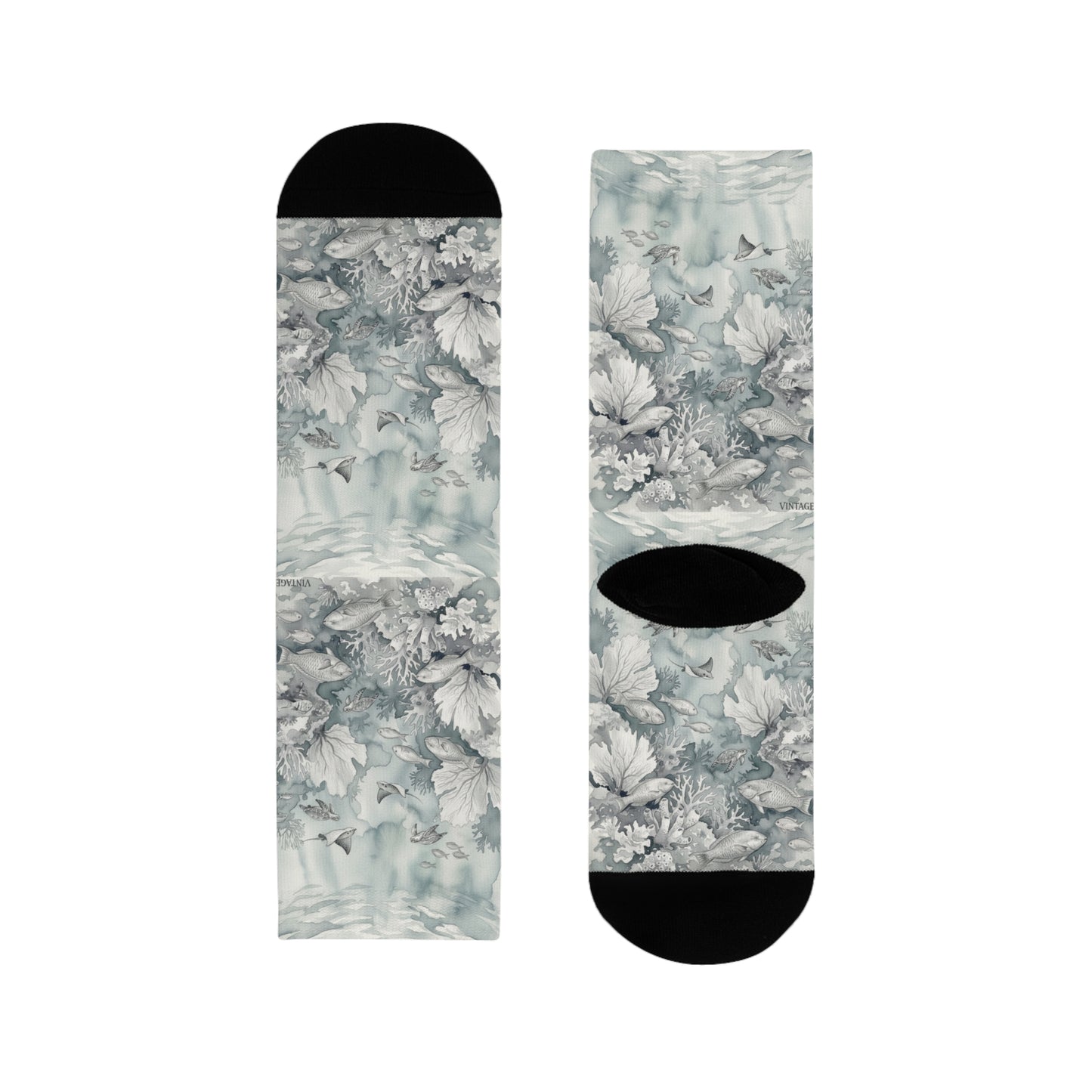 Sea Life vintage socks ; Floral Vintage-Style Crew Socks — Soft Grey Botanical Pattern