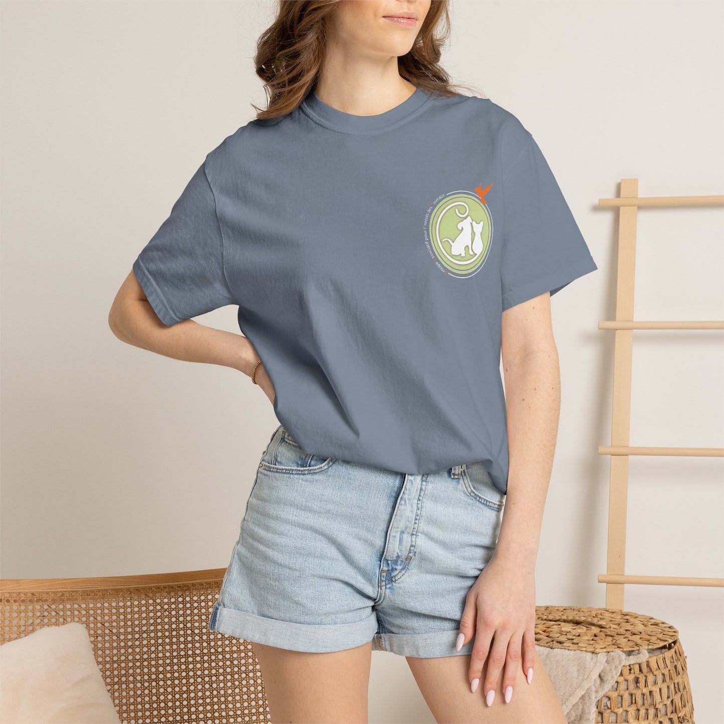 Gaia 64 Cat & Bird Logo Tee — Garment-Dyed Olive Vintage Nature T-Shirt