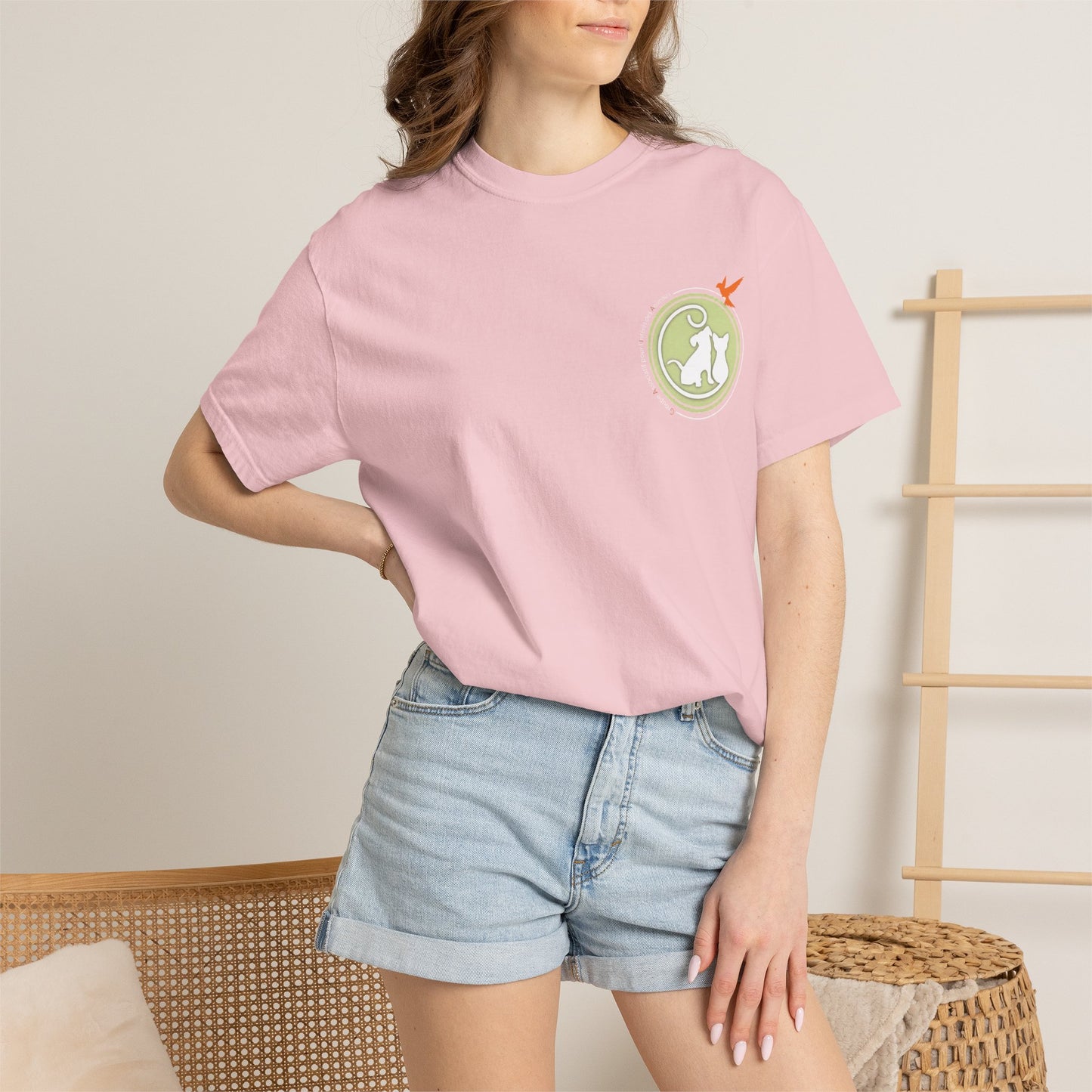 Gaia 64 Cat & Bird Logo Tee — Garment-Dyed Olive Vintage Nature T-Shirt