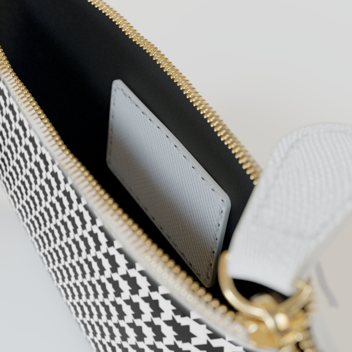 Houndstooth Mini Clutch Bag – Black & White Zip Cosmetic Pouch