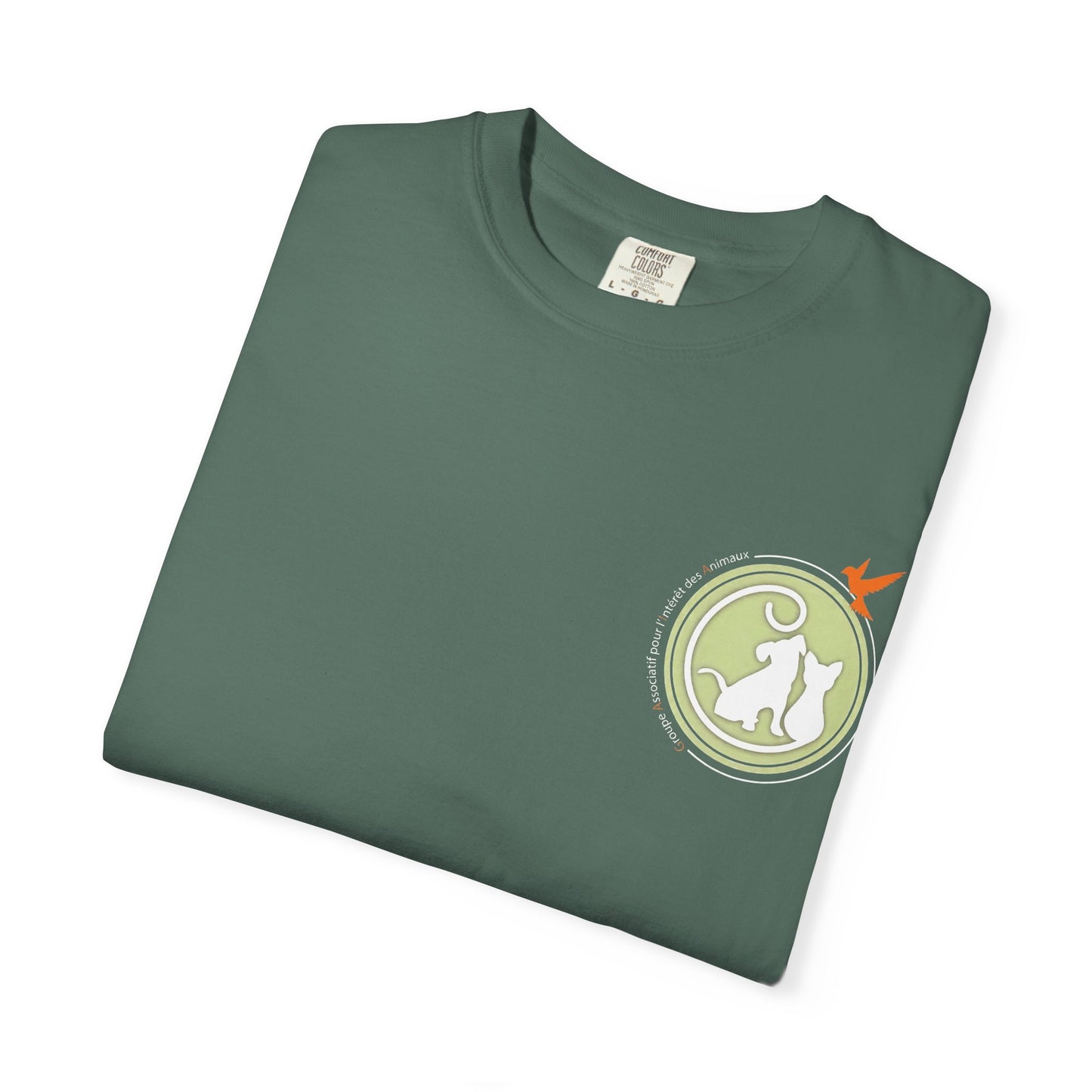Gaia 64 Cat & Bird Logo Tee — Garment-Dyed Olive Vintage Nature T-Shirt