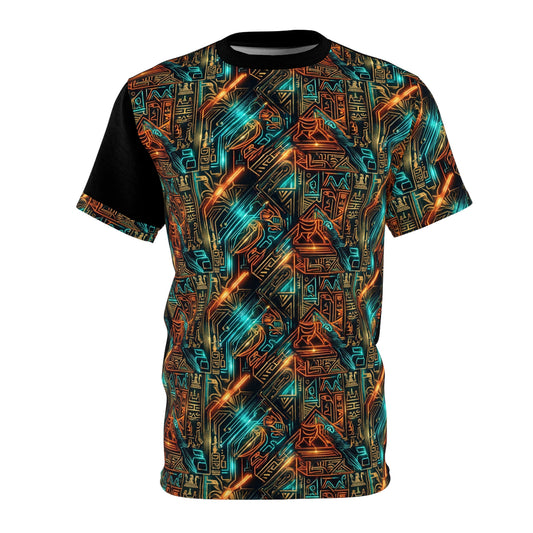 Futuristic Tribal graphic Print Tee — Geometric Neon Tribal Pattern