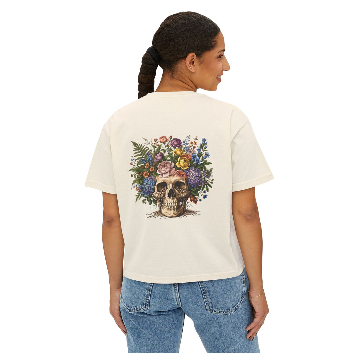 Women's Boxy Tee with Floral Skull Design