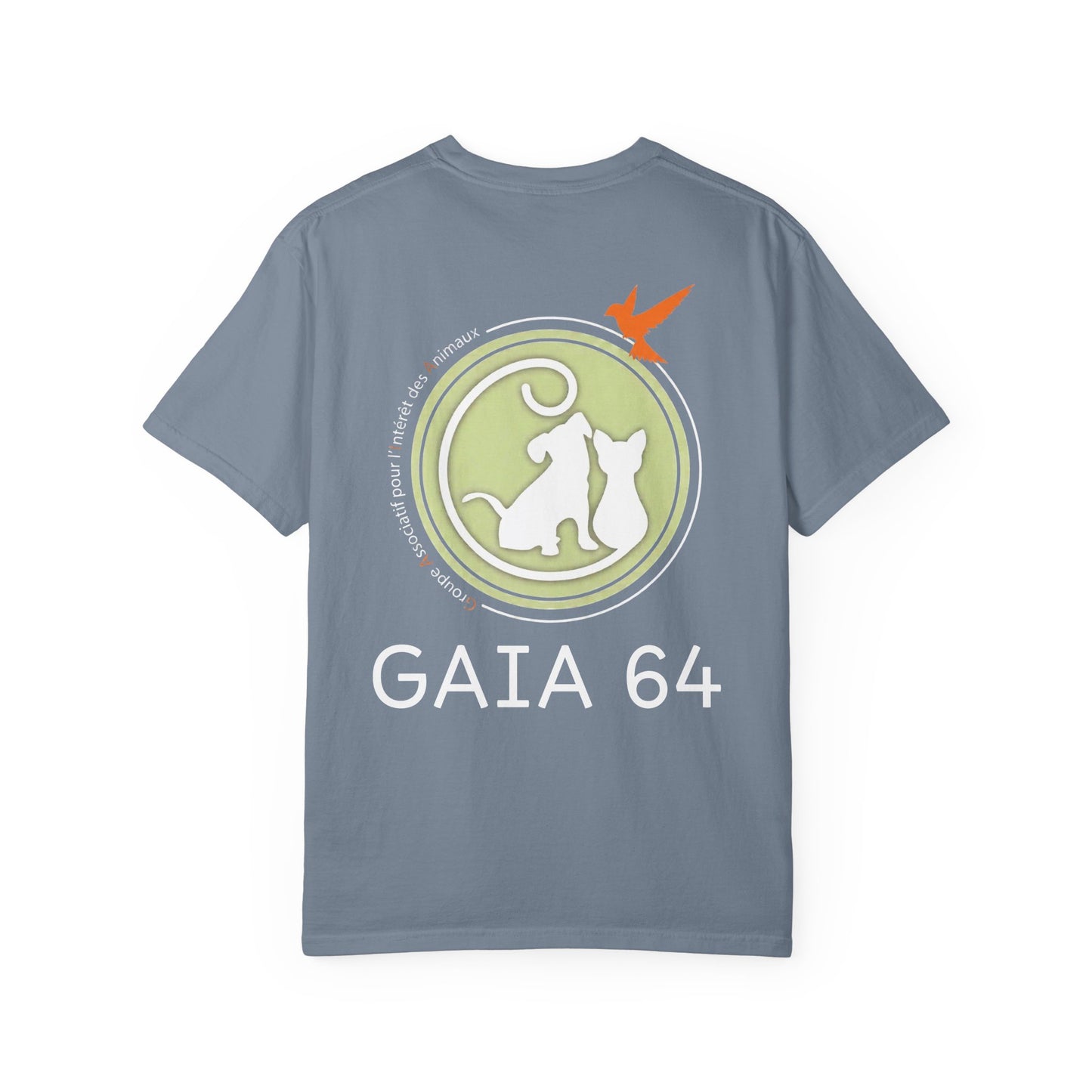 Gaia 64 Cat & Bird Logo Tee — Garment-Dyed Olive Vintage Nature T-Shirt