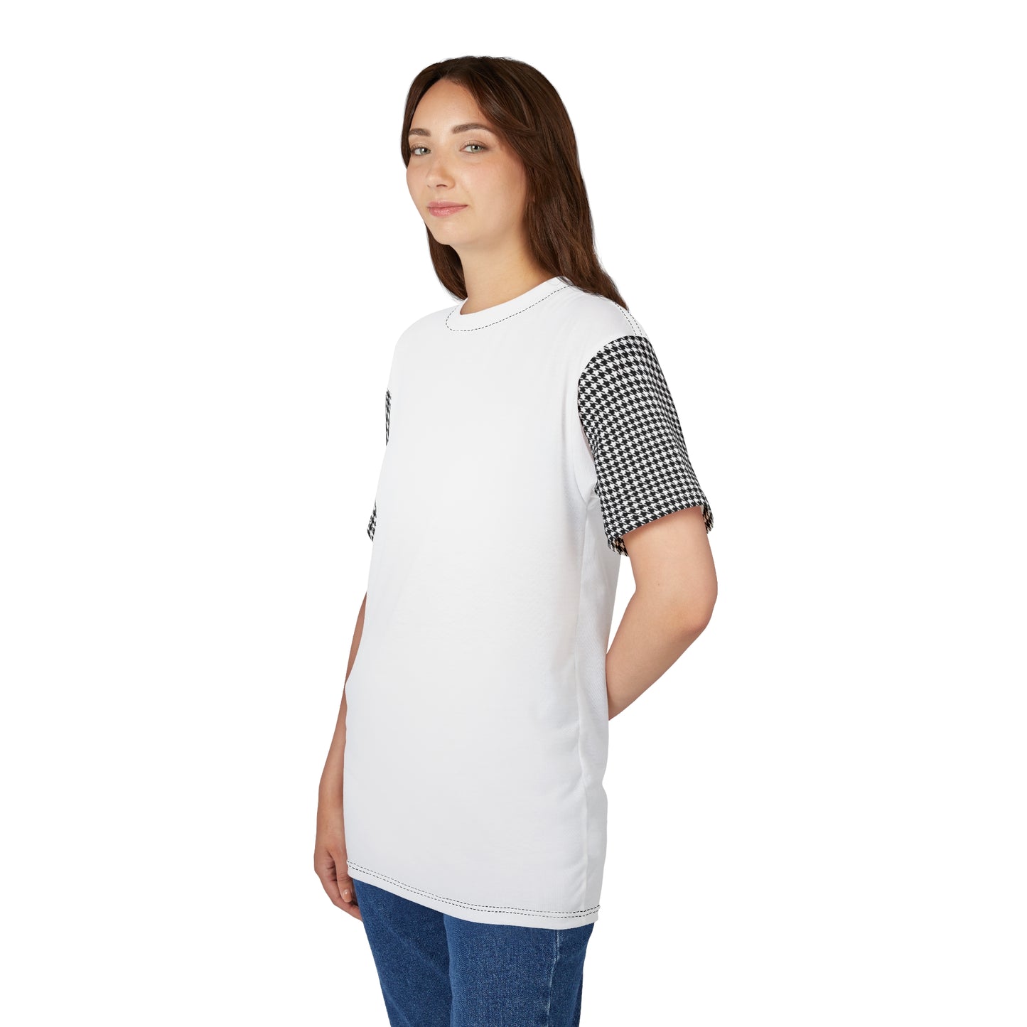 Gingham Sleeve Cut & Sew Tee — Black Check Short-Sleeve Shirt