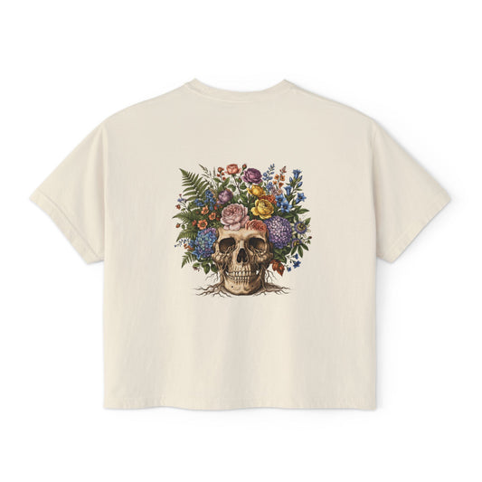 Women's Boxy Tee with Floral Skull Design