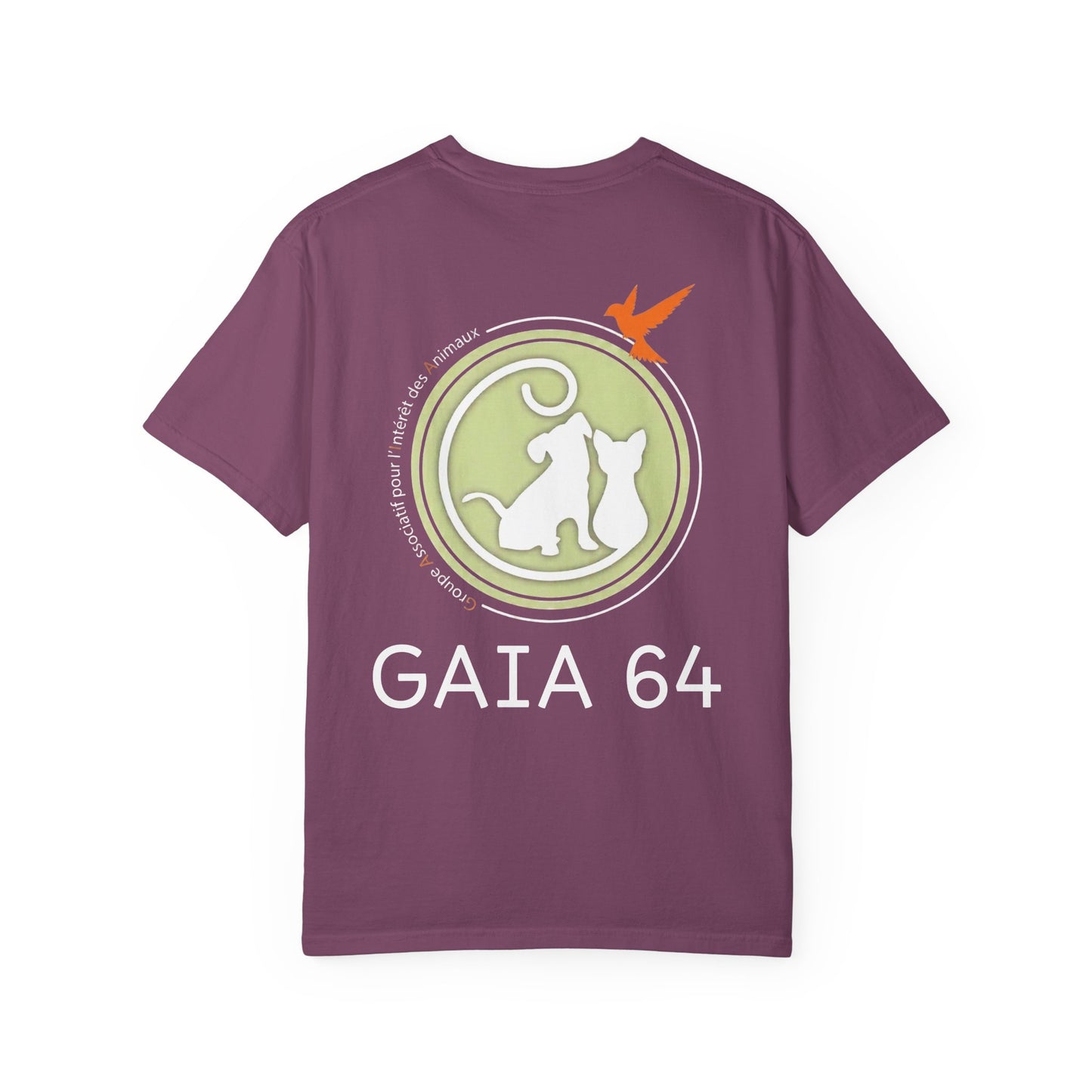 Gaia 64 Cat & Bird Logo Tee — Garment-Dyed Olive Vintage Nature T-Shirt