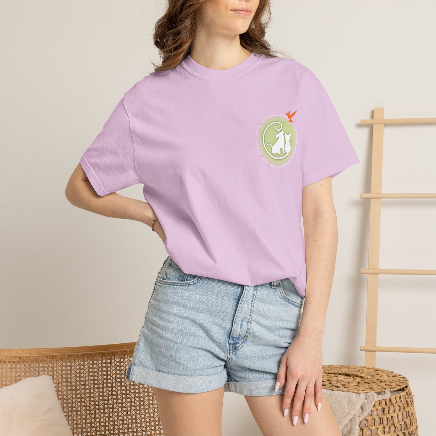 Gaia 64 Cat & Bird Logo Tee — Garment-Dyed Olive Vintage Nature T-Shirt